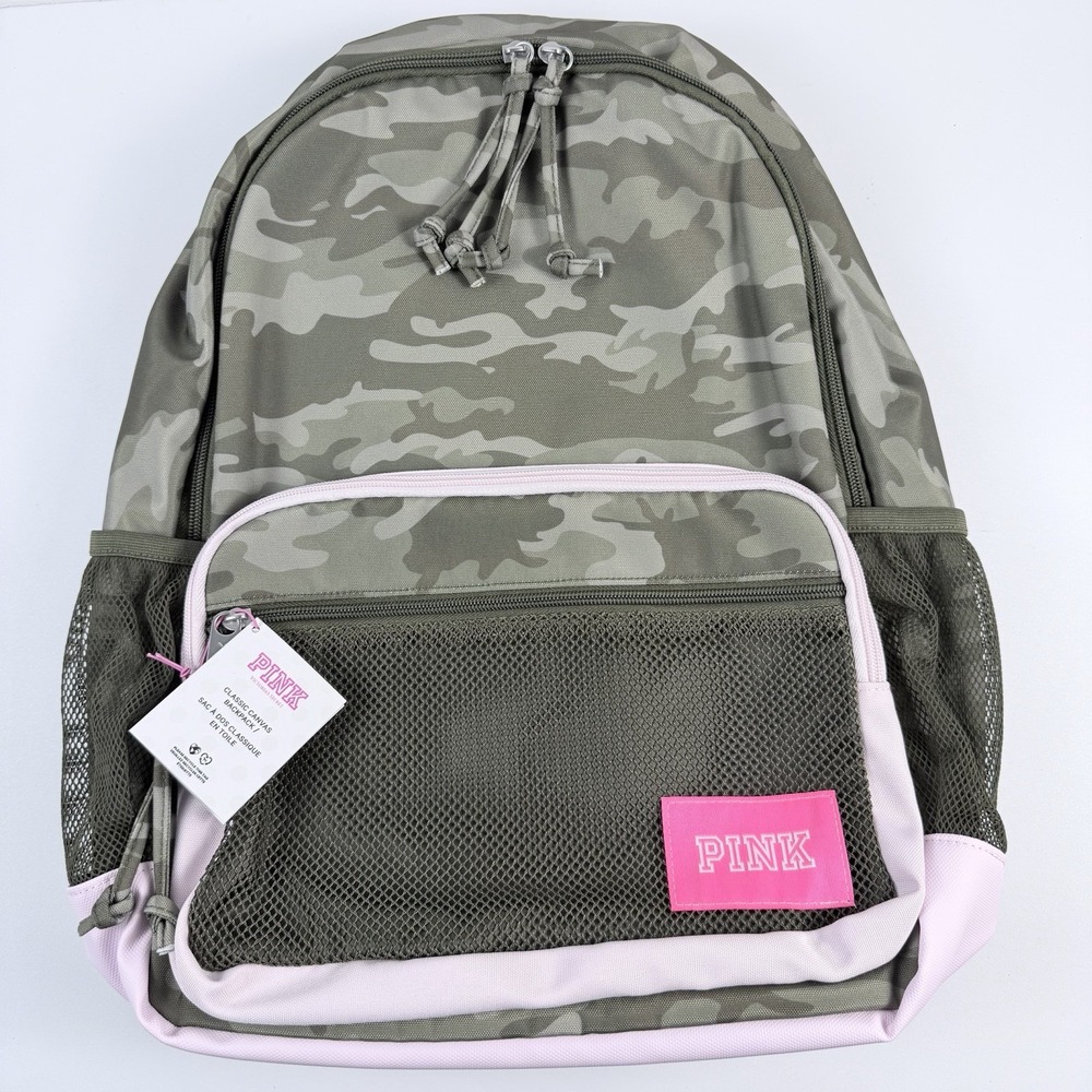 Victoria's Secret PINK Campus Backpack 18L Camo Olive Green Pink Bookbag NWT